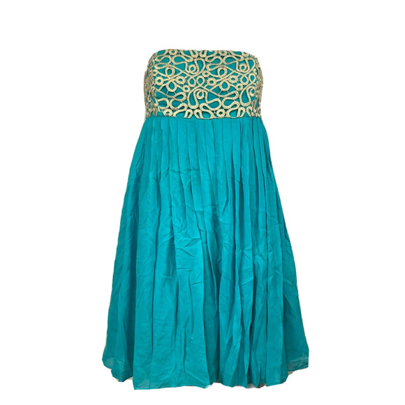 Lilly Pulitzer Dress Womens Sz 6 Aqua Blue Gold Silk Strapless Empire‎ Waist - Picture 1 of 10